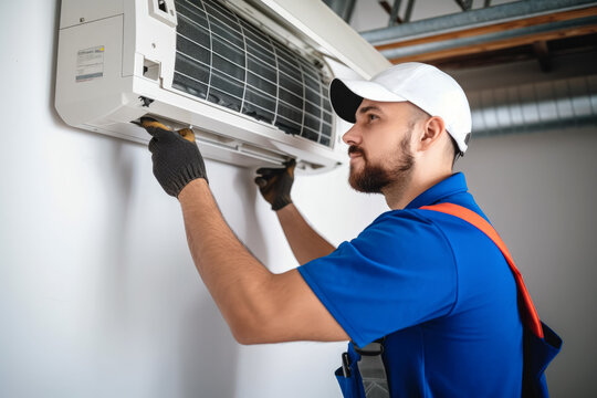 HVAC technician installing a mini split air conditioner in Brigham City