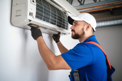 Air conditioning technician servicing a wall-mounted AC unit in Brigham City, UT