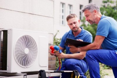 HVAC technicians reviewing an outdoor air conditioning unit in Brigham City, UT